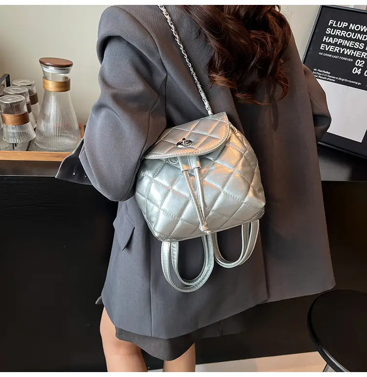 Silver Quilted Korean Style Backpack for Women — feature 16