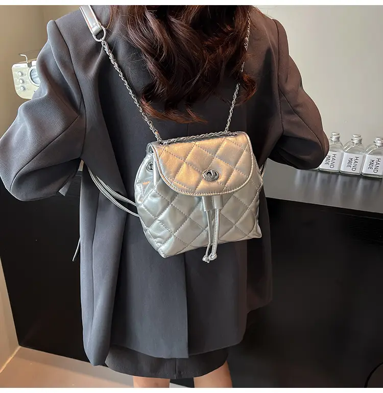 Silver Quilted Korean Style Backpack for Women — feature 18