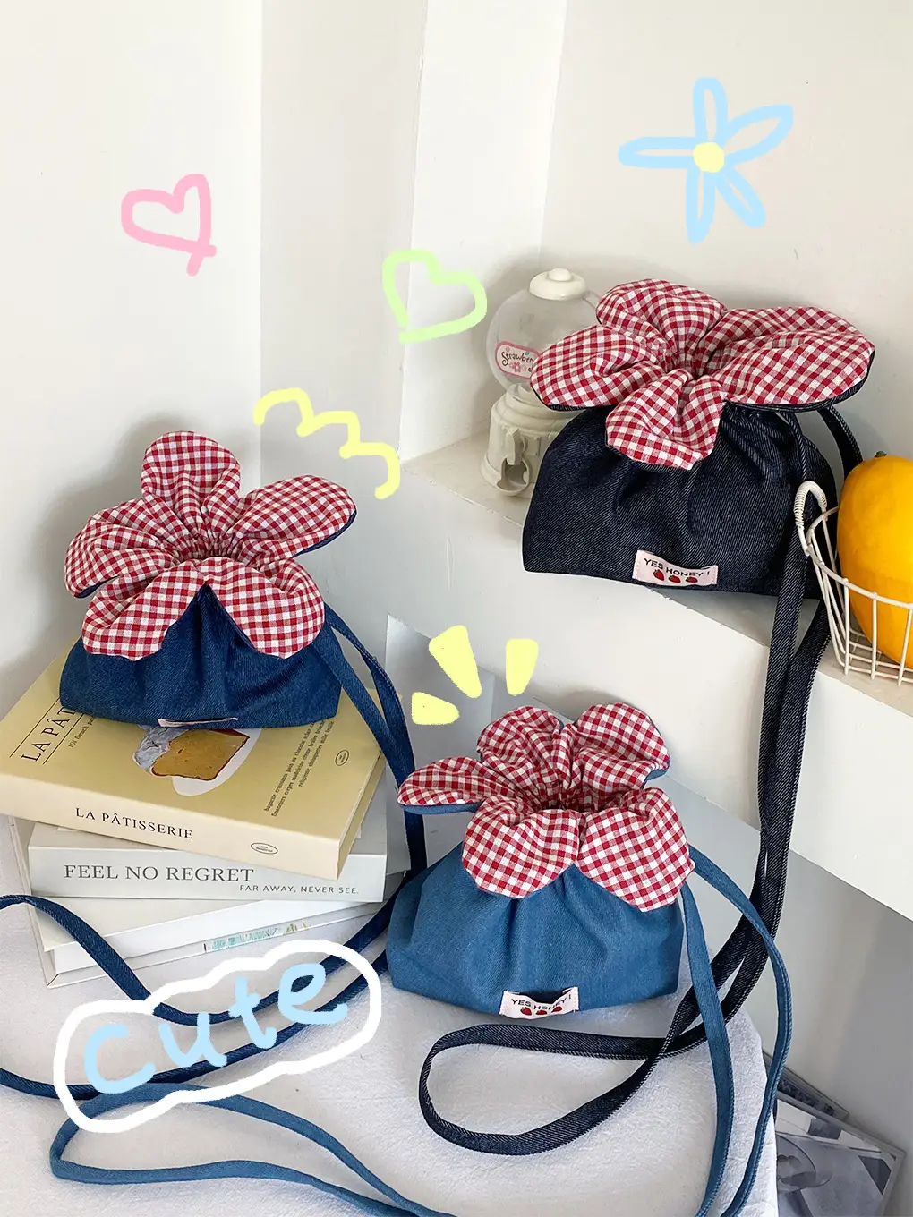 Cute Denim Crossbody Bag with Red Checkered Bow - Image 16