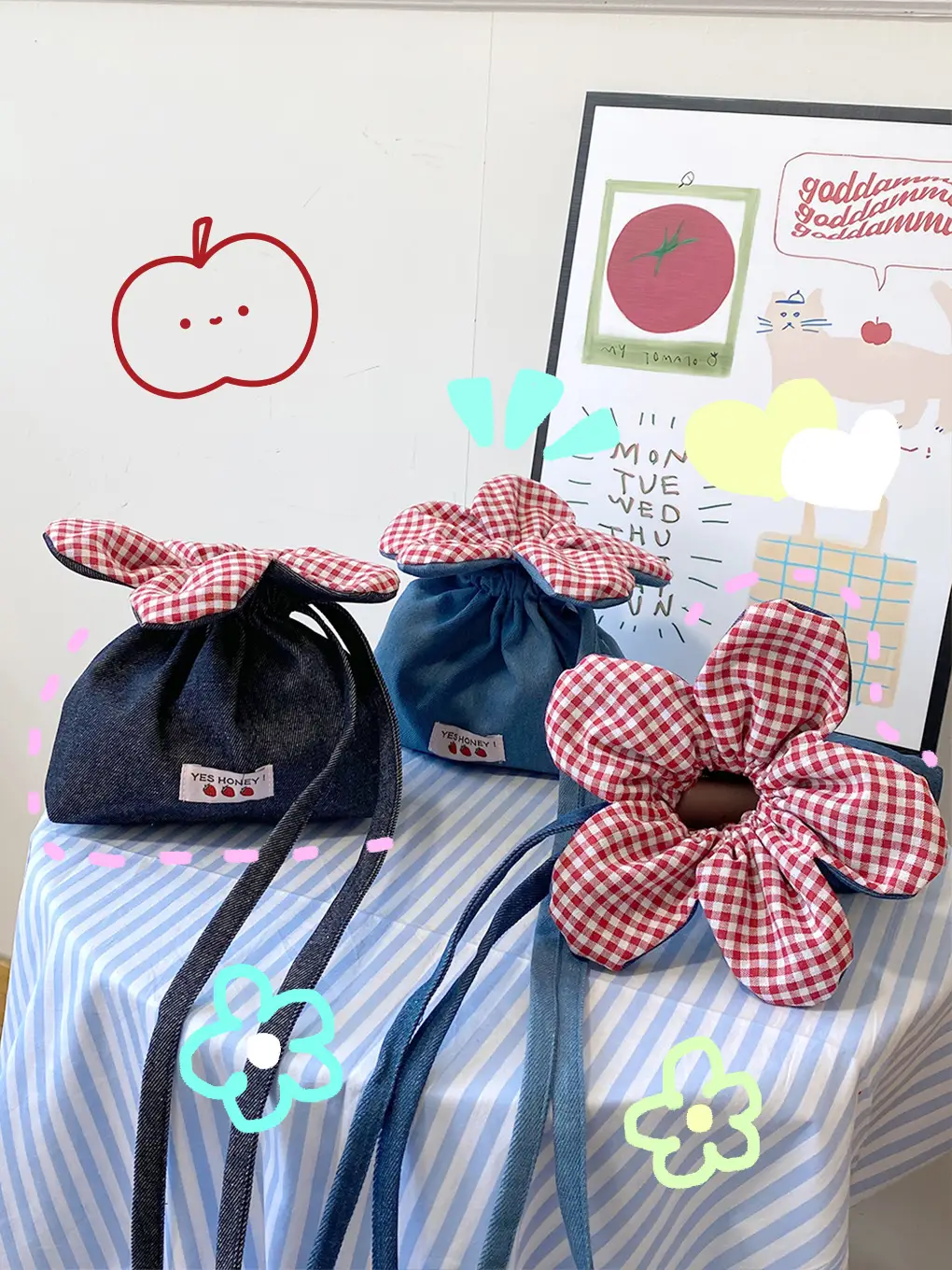 Cute Denim Crossbody Bag with Red Checkered Bow - Image 17