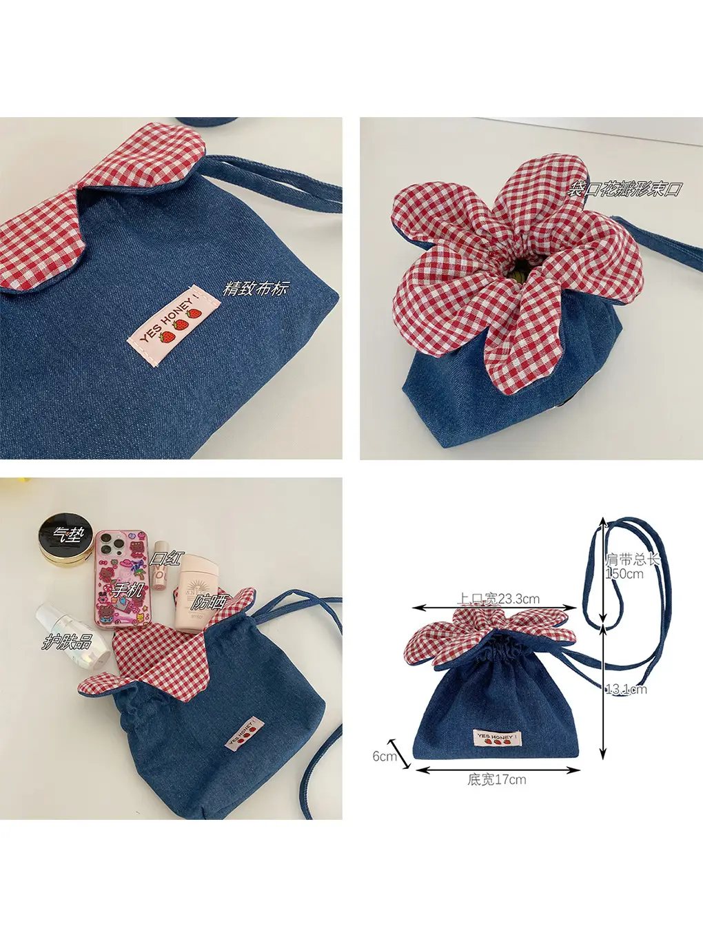 Cute Denim Crossbody Bag with Red Checkered Bow - Image 18