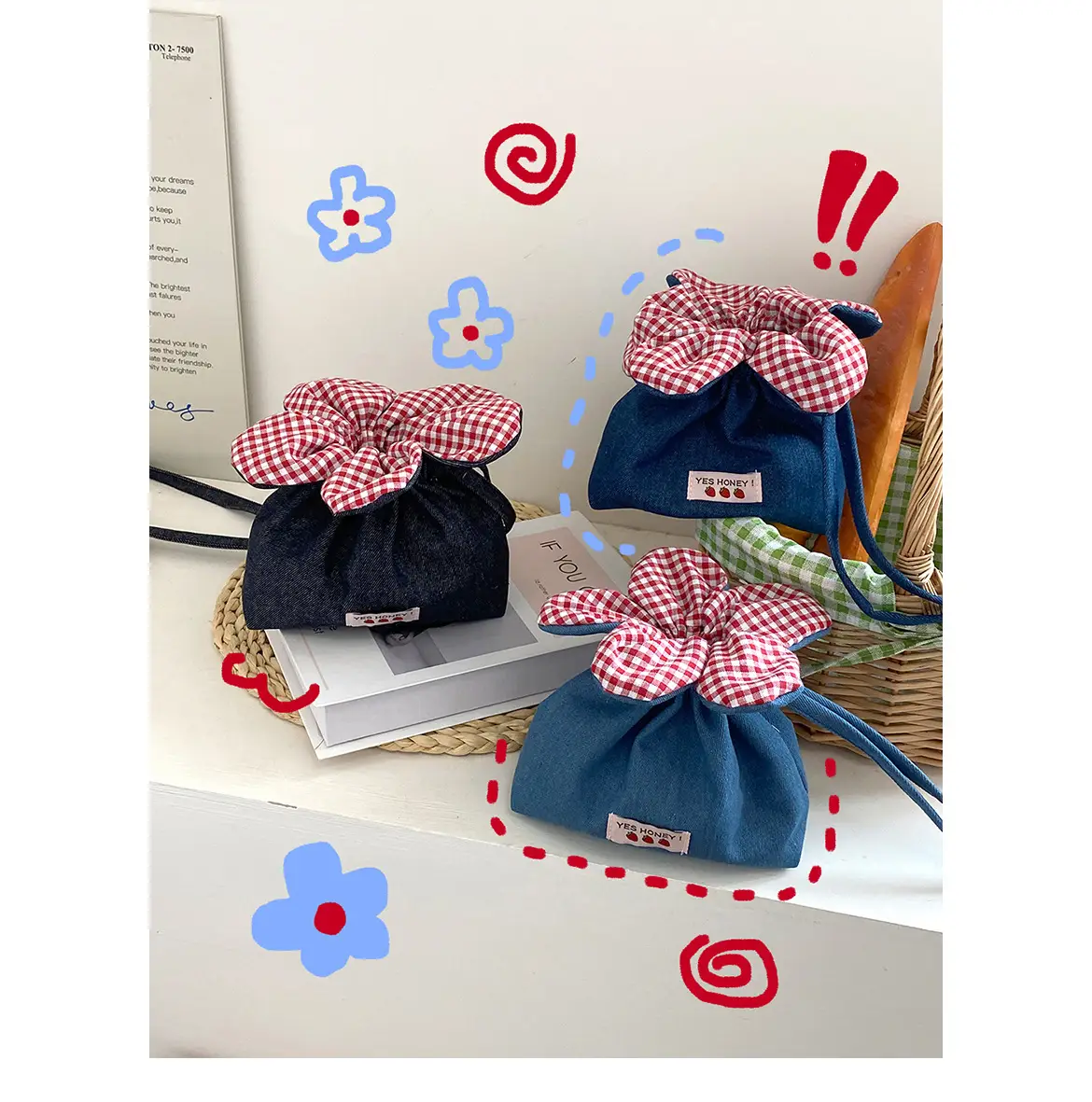 Cute Denim Crossbody Bag with Red Checkered Bow — feature 1