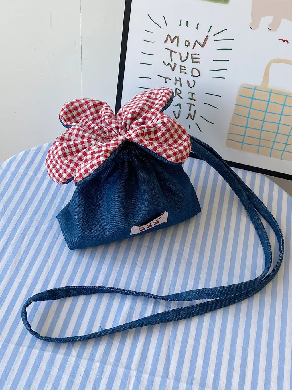 Cute Denim Crossbody Bag with Red Checkered Bow — feature 10