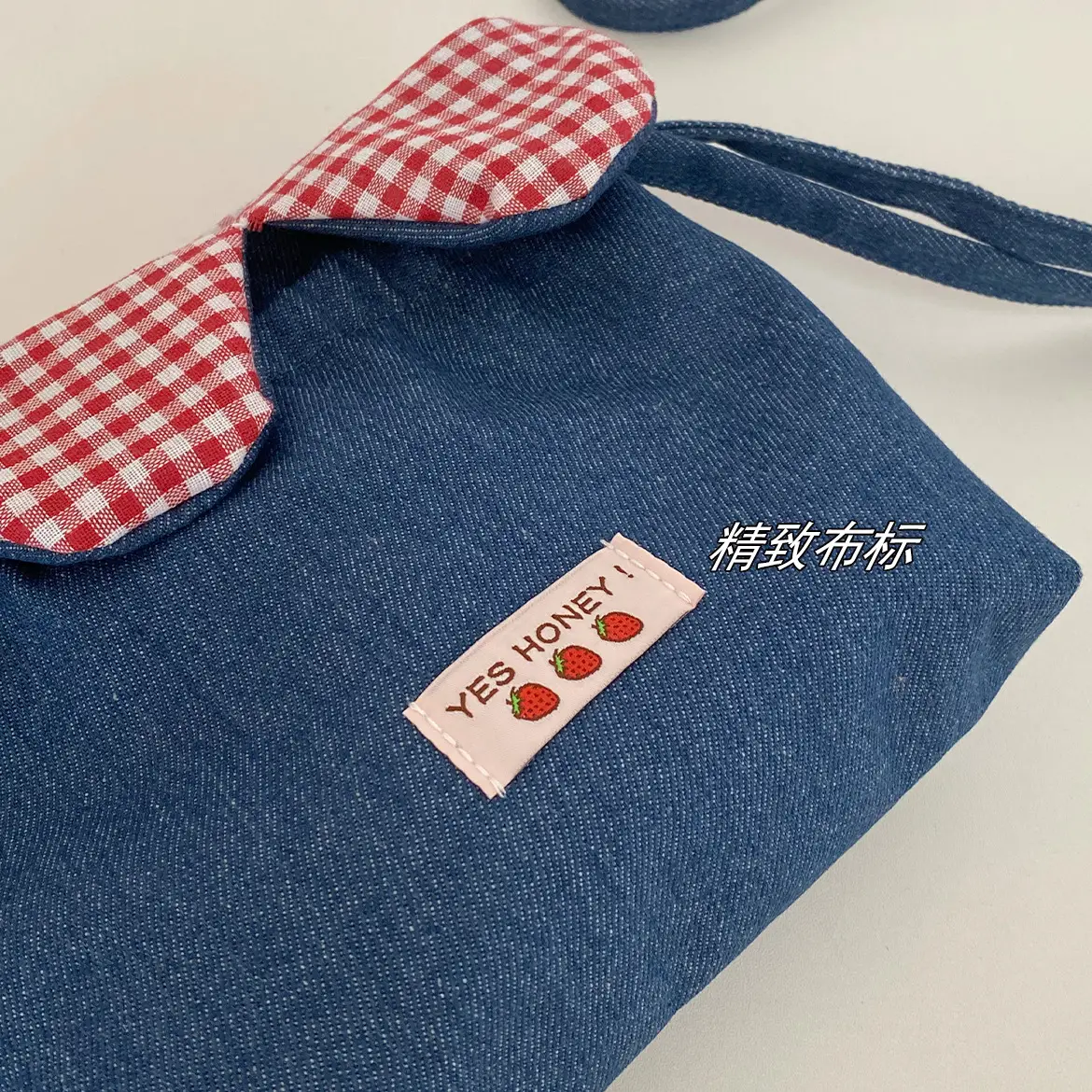 Cute Denim Crossbody Bag with Red Checkered Bow — feature 11