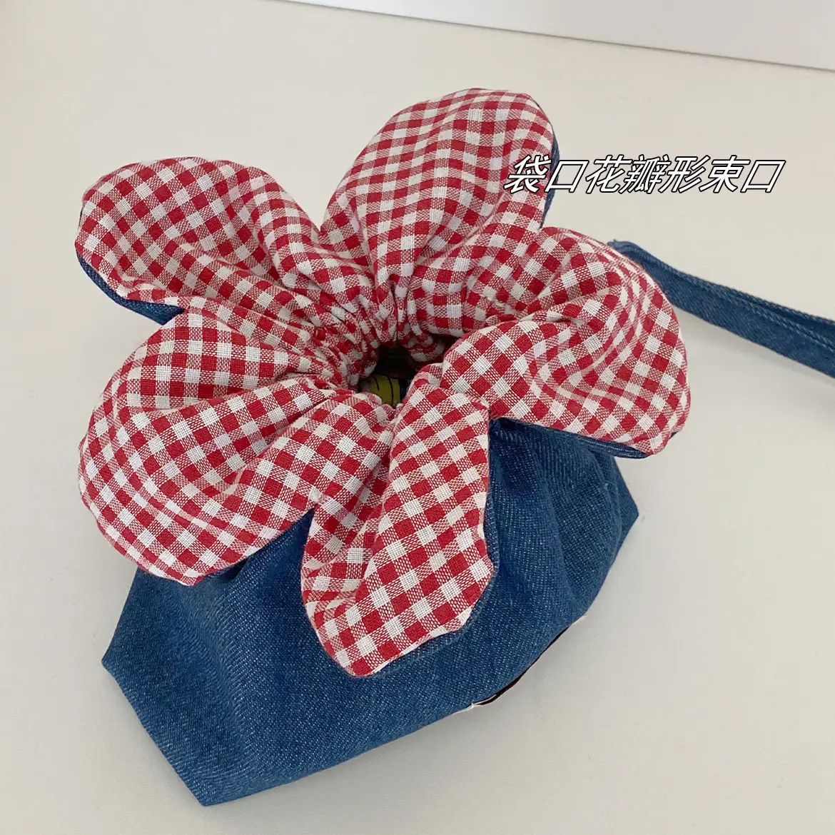 Cute Denim Crossbody Bag with Red Checkered Bow — feature 12