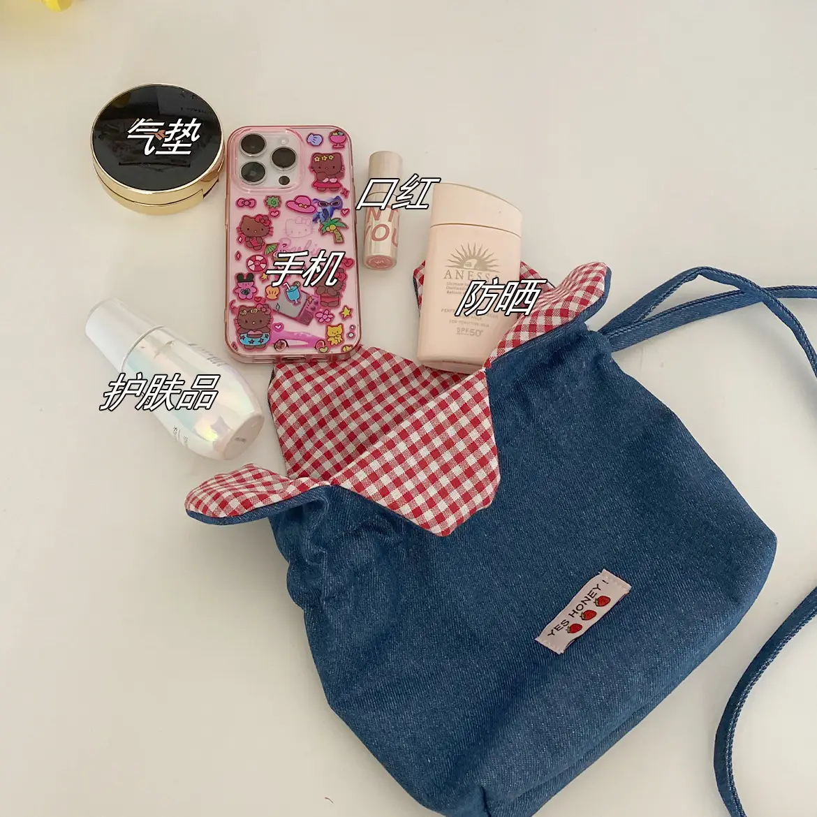Cute Denim Crossbody Bag with Red Checkered Bow — feature 13