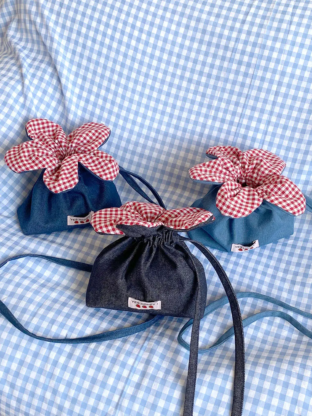 Cute Denim Crossbody Bag with Red Checkered Bow — feature 5