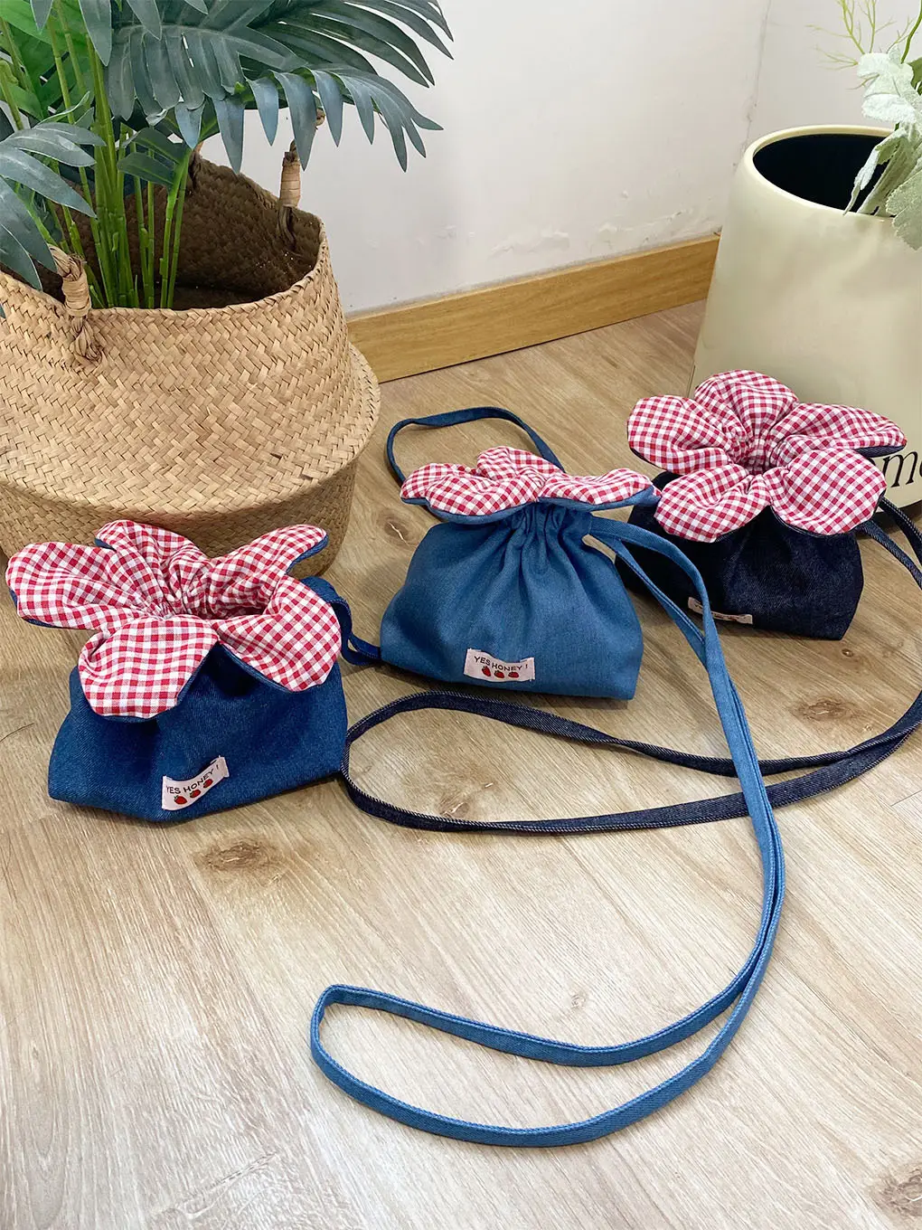 Cute Denim Crossbody Bag with Red Checkered Bow — feature 6