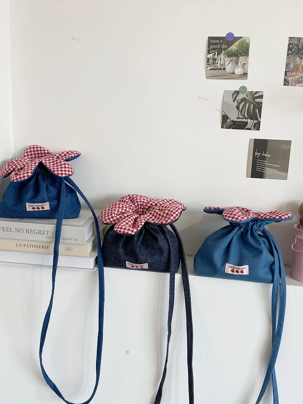 Cute Denim Crossbody Bag with Red Checkered Bow — feature 7