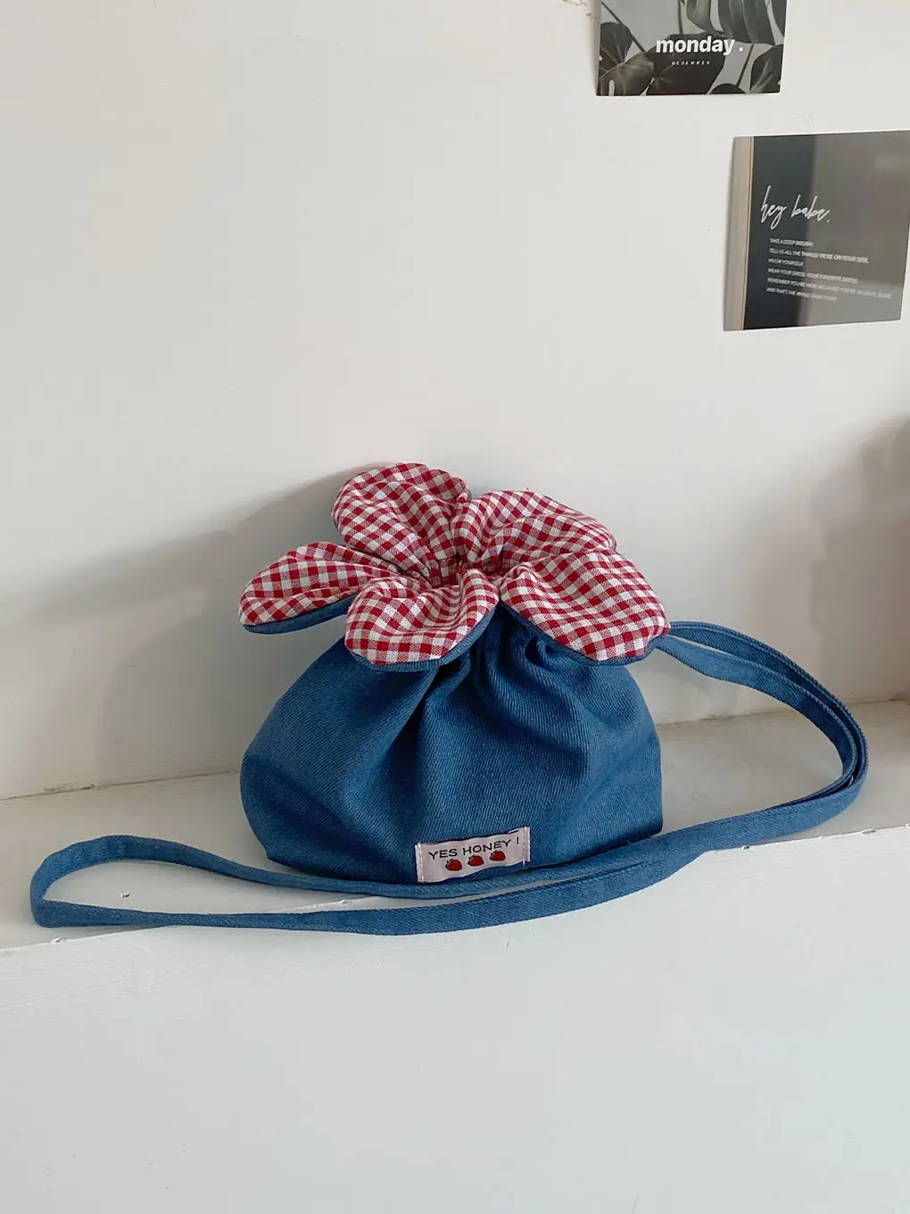 Cute Denim Crossbody Bag with Red Checkered Bow — feature 8