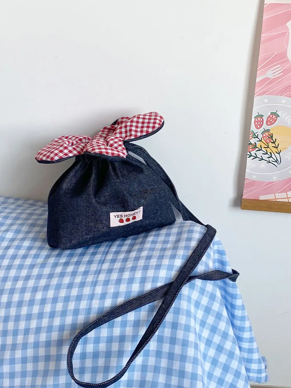 Cute Denim Crossbody Bag with Red Checkered Bow — feature 9