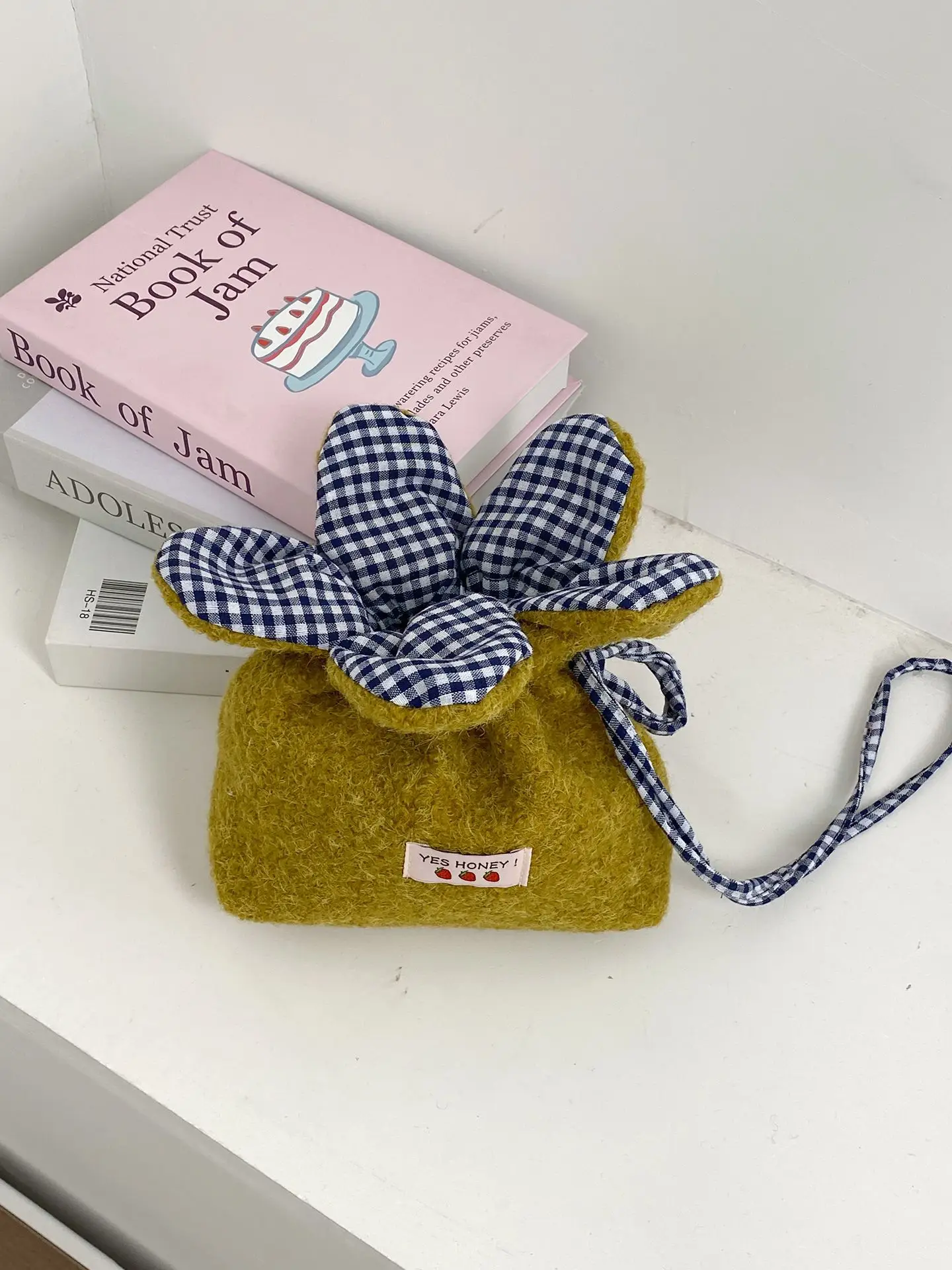 Cute Denim Crossbody Bag with Red Checkered Bow - Image 11