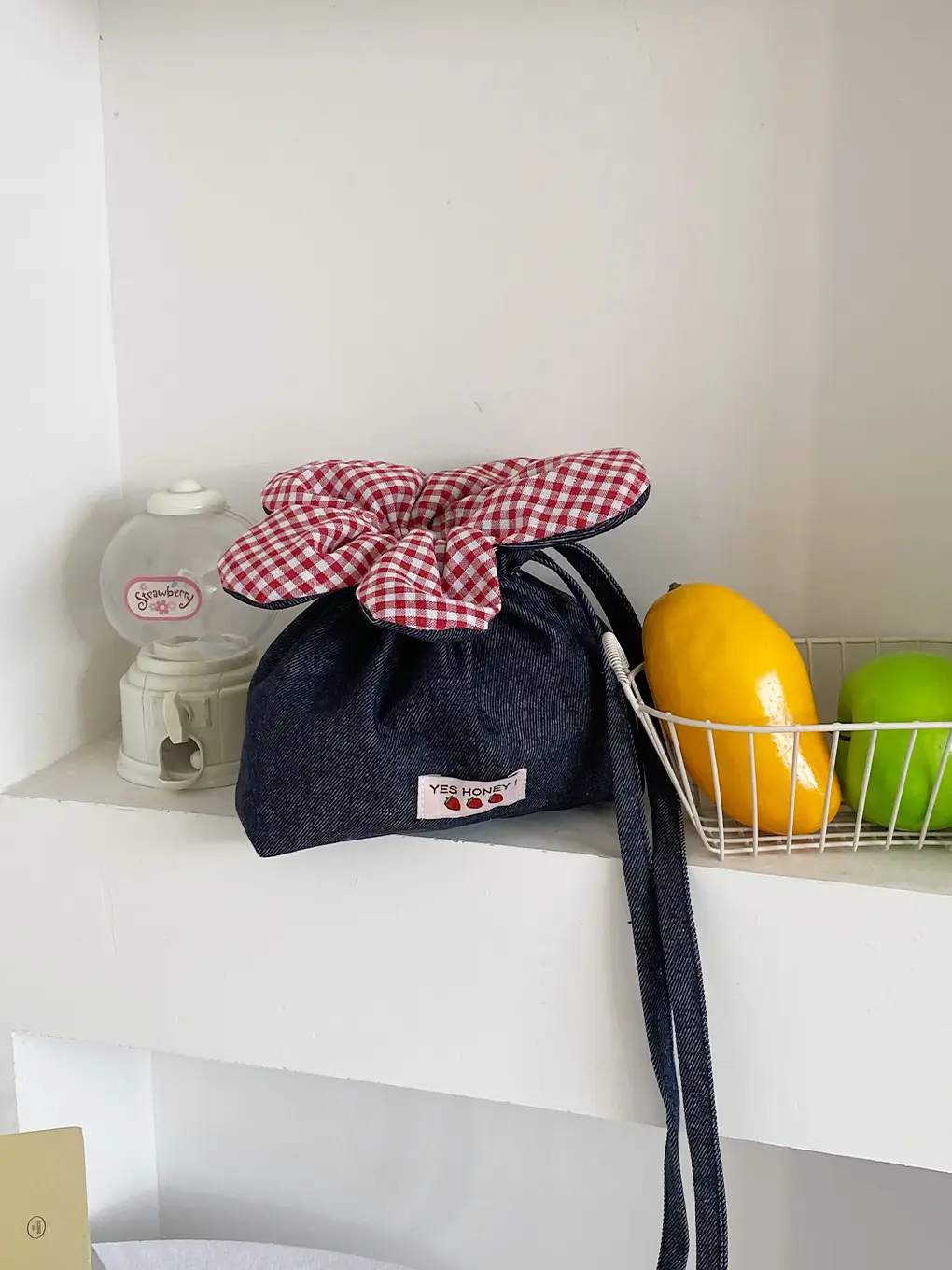 Cute Denim Crossbody Bag with Red Checkered Bow - Image 12