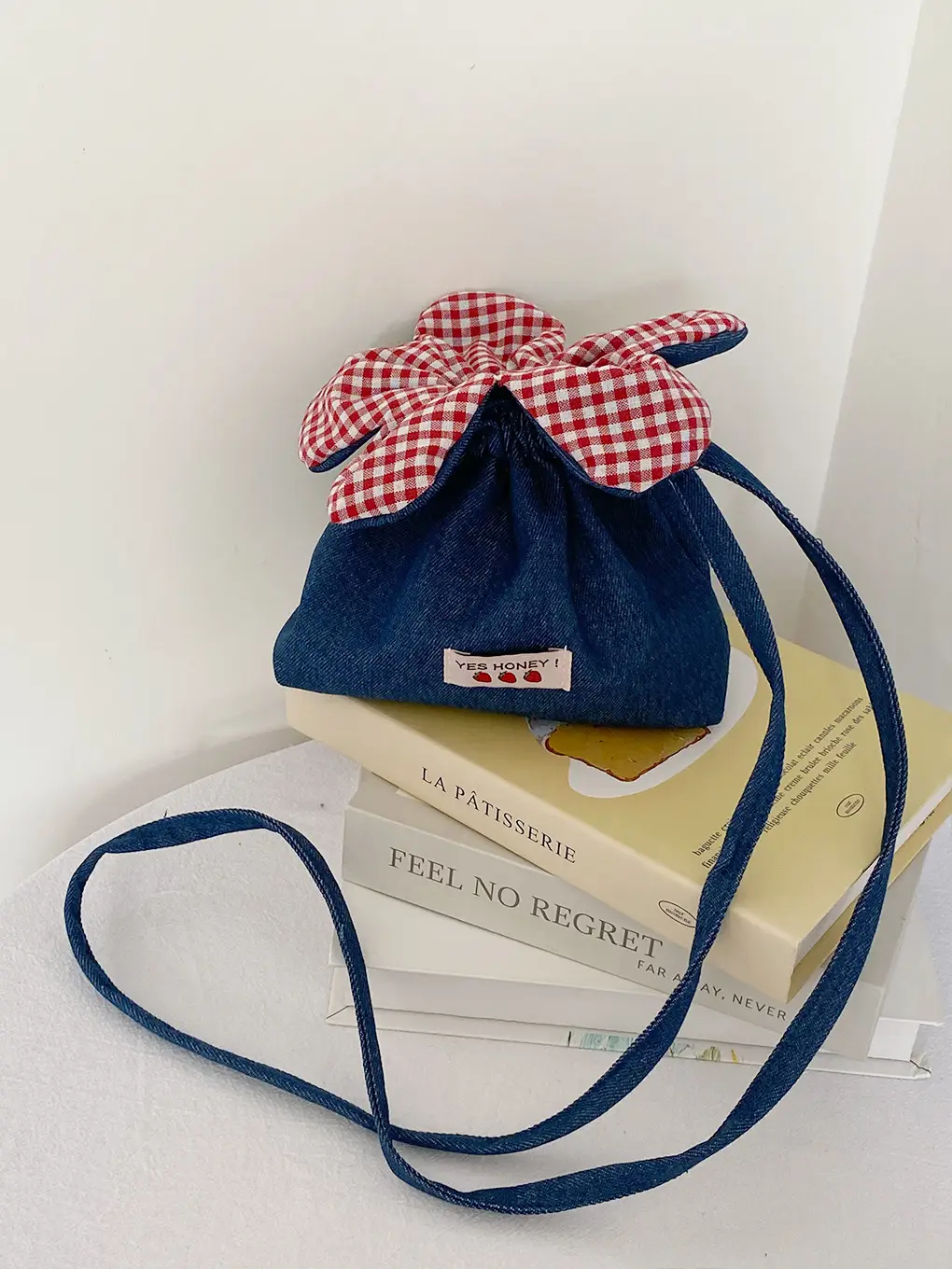 Cute Denim Crossbody Bag with Red Checkered Bow - Image 13