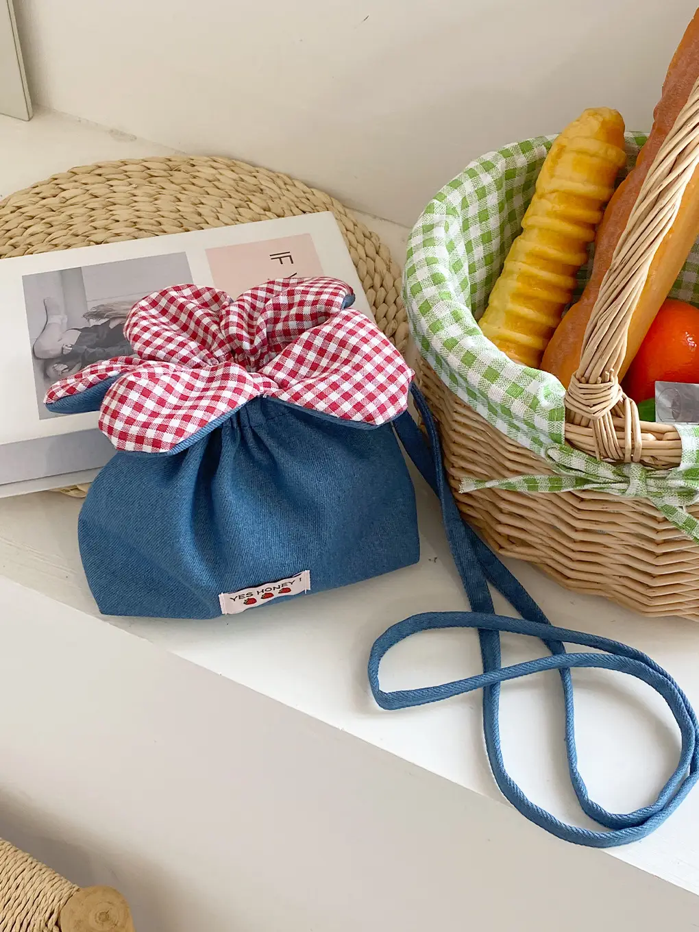 Cute Denim Crossbody Bag with Red Checkered Bow - Image 14