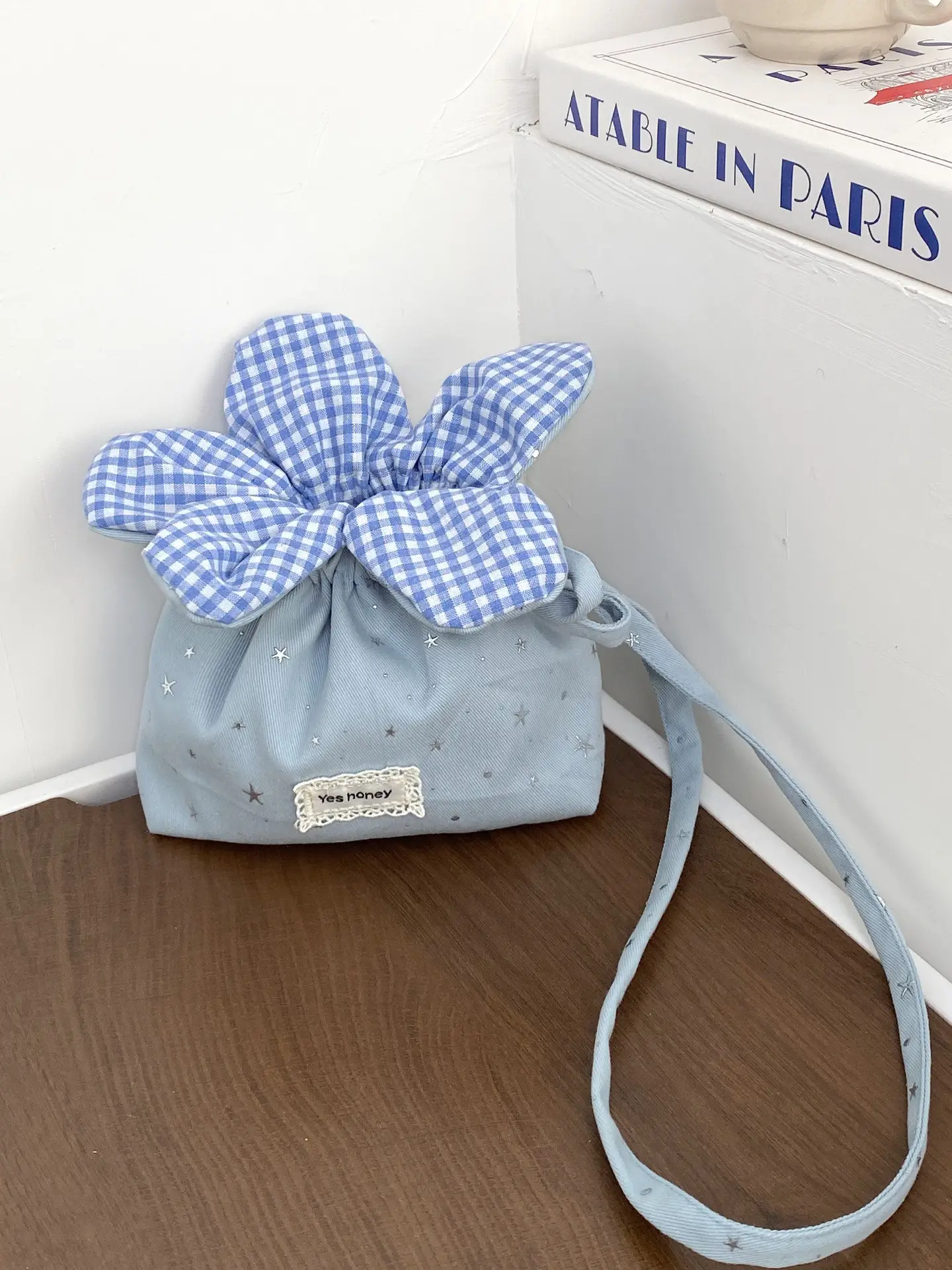 Cute Denim Crossbody Bag with Red Checkered Bow - Image 2