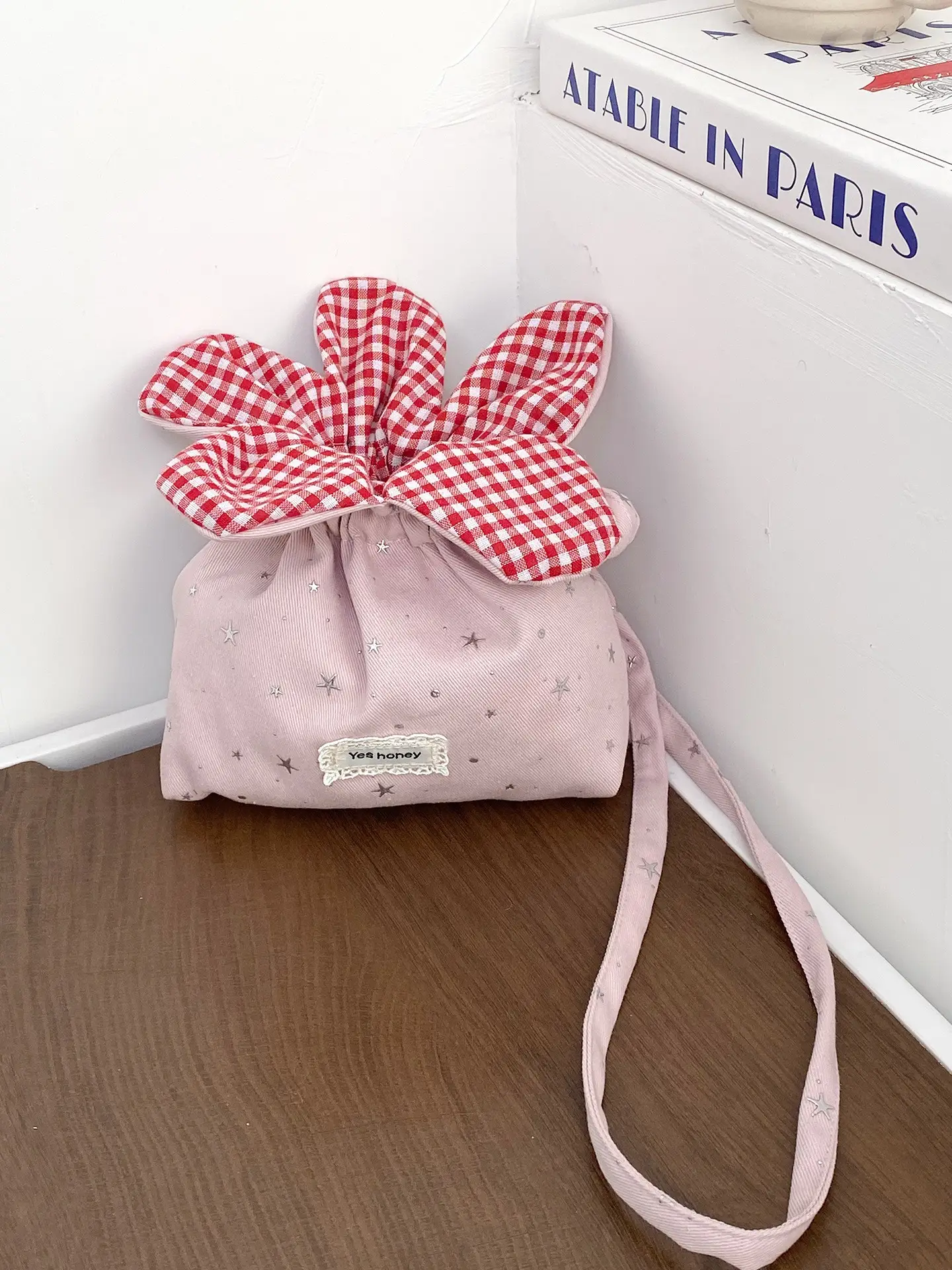 Cute Denim Crossbody Bag with Red Checkered Bow - Image 3