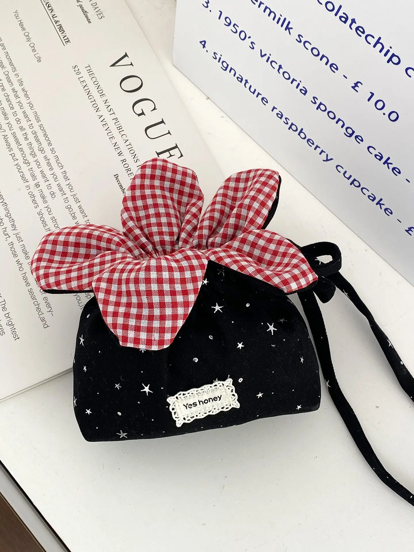 Cute Denim Crossbody Bag with Red Checkered Bow - Image 4