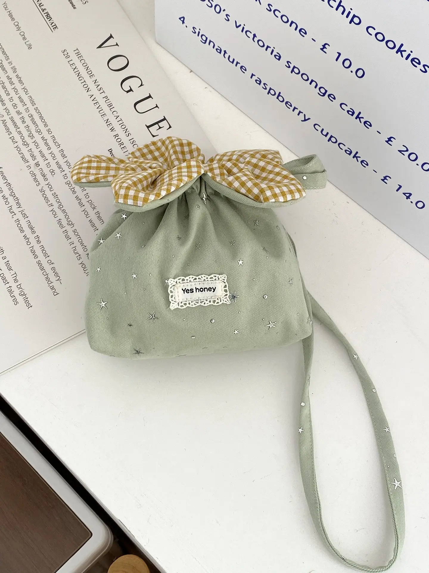 Cute Denim Crossbody Bag with Red Checkered Bow - Image 5