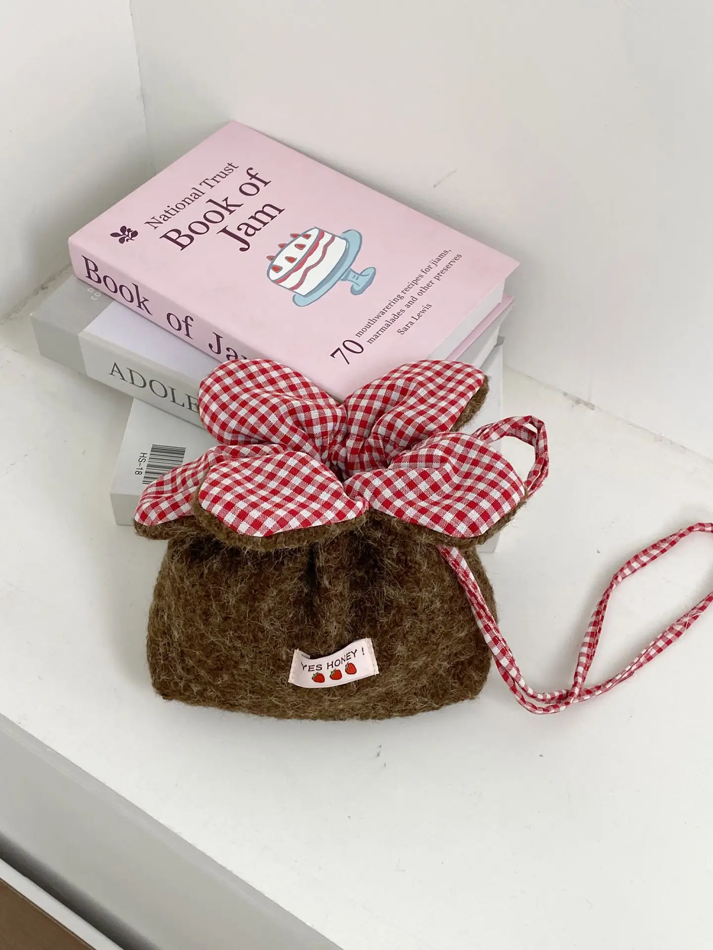 Cute Denim Crossbody Bag with Red Checkered Bow - Image 8