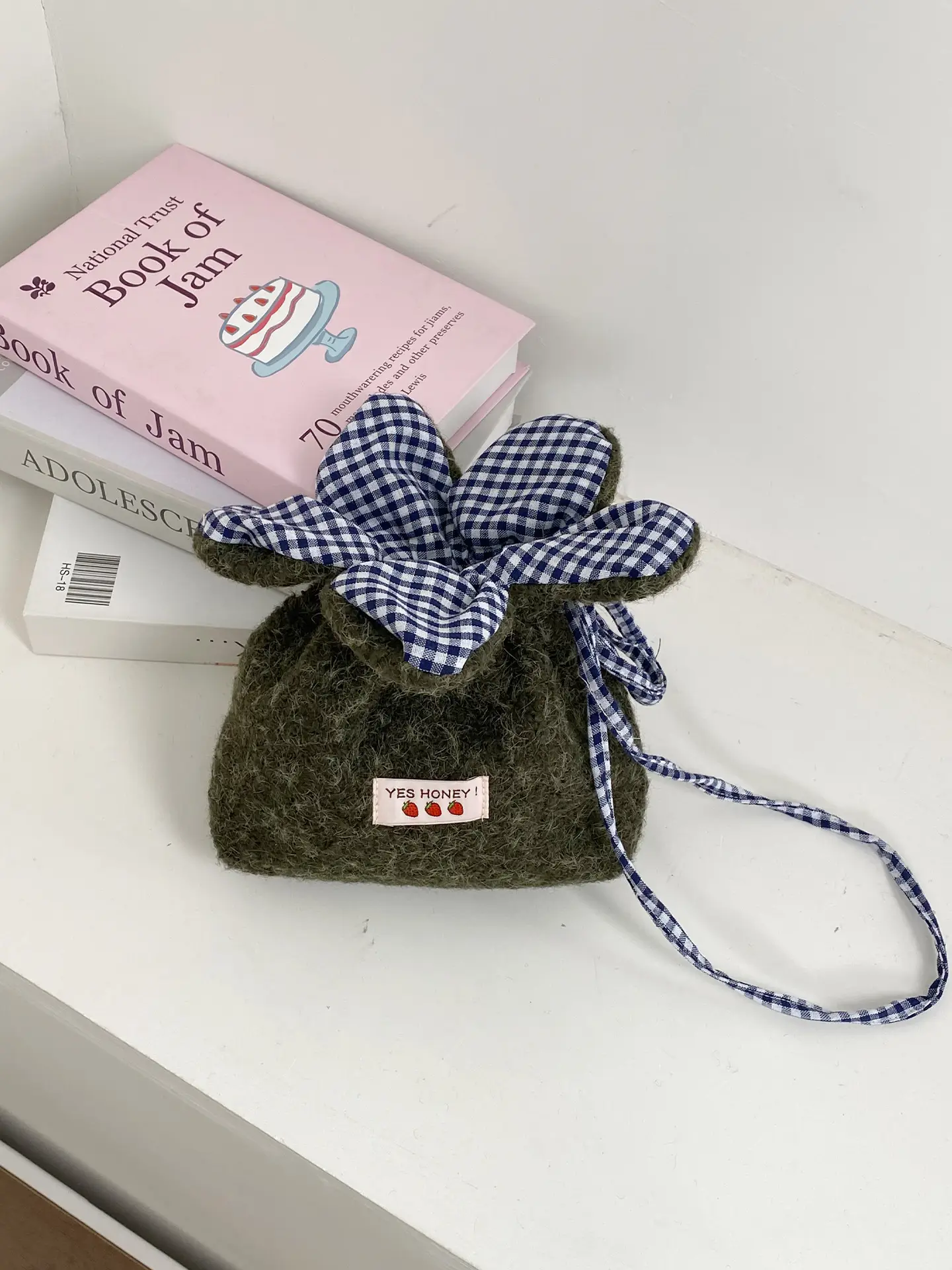 Cute Denim Crossbody Bag with Red Checkered Bow - Image 9
