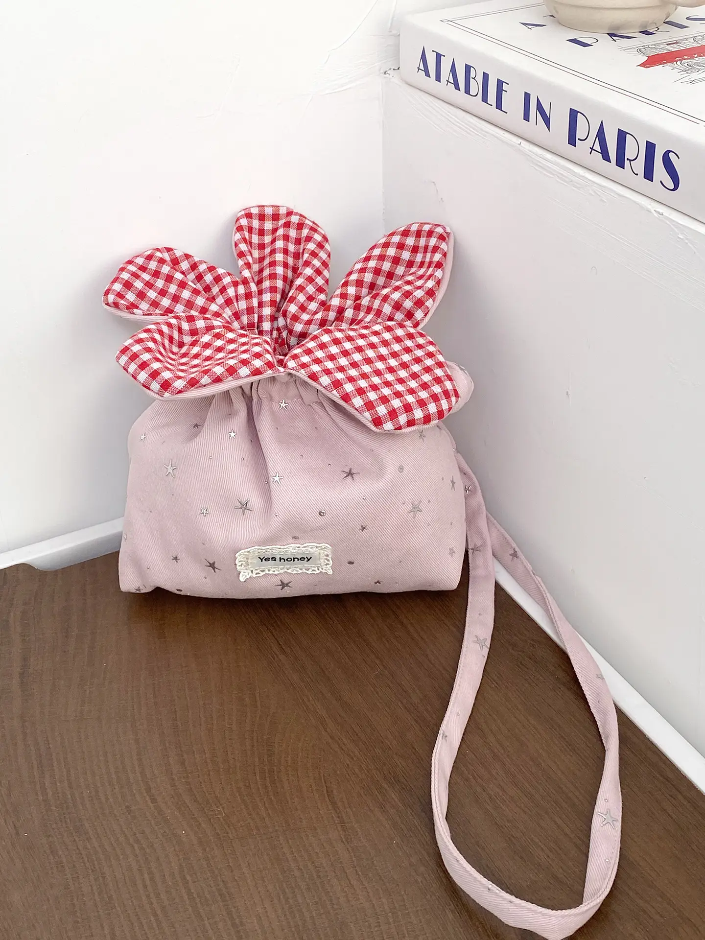 Cute Denim Crossbody Bag with Red Checkered Bow - Image 3