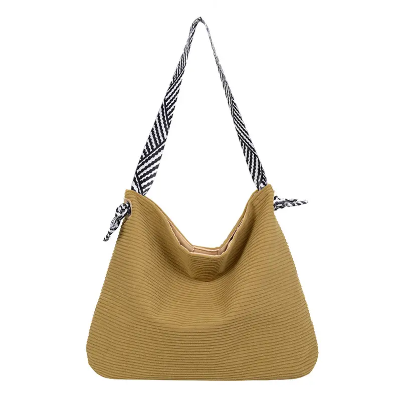 Women's Green Straw Shoulder Bag with Striped Strap - Image 9