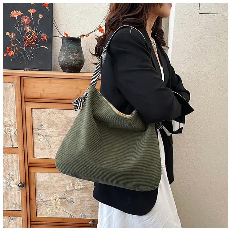 Women's Green Straw Shoulder Bag with Striped Strap — feature 21