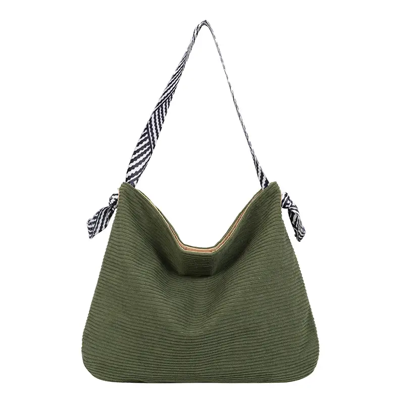 Women's Green Straw Shoulder Bag with Striped Strap - Image 4