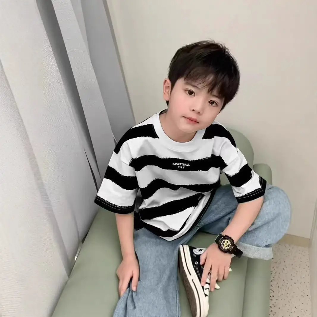 Kids Korean Style Striped T-Shirt Green White - Image 9