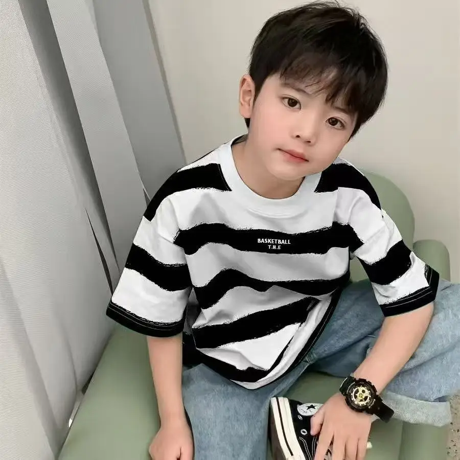 Kids Korean Style Striped T-Shirt Green White — feature 12