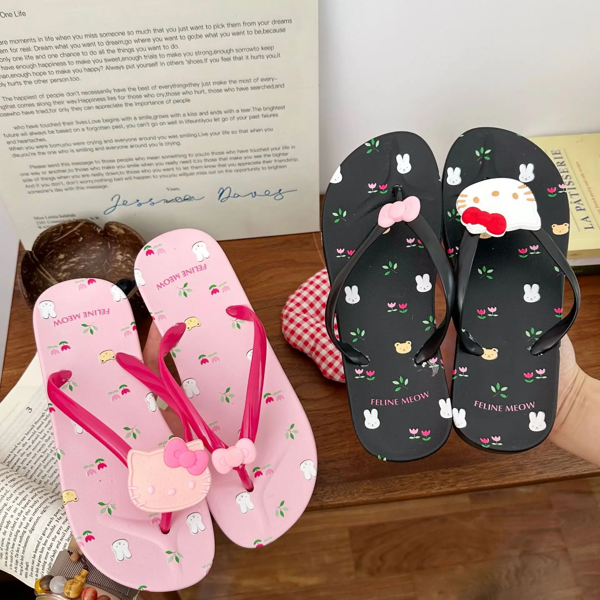 Printed Bow Cat Flip-Flops Women's Summer Sweet Beach Flats