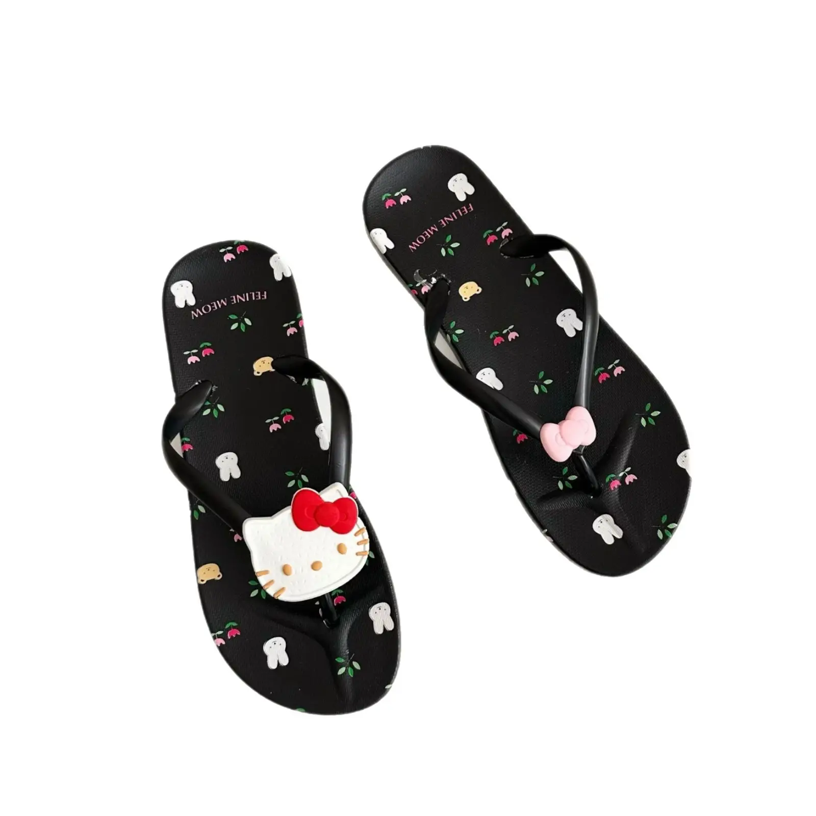 Printed Bow Cat Flip-Flops Women's Summer Sweet Beach Flats