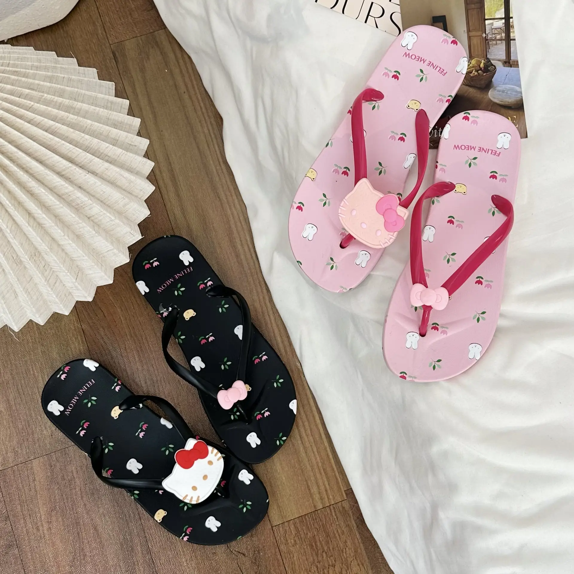 Printed Bow Cat Flip-Flops Women's Summer Sweet Beach Flats — feature 1