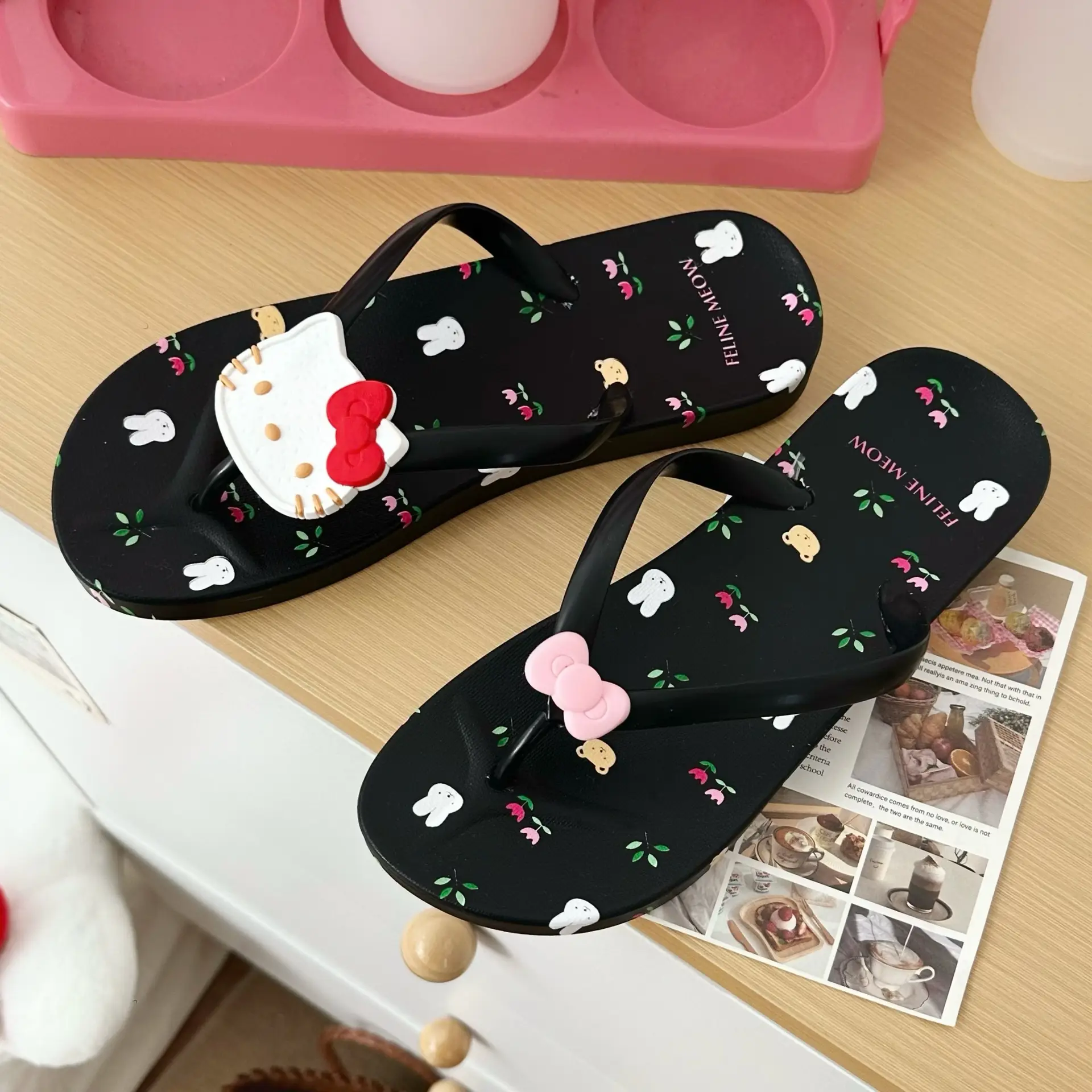 Printed Bow Cat Flip-Flops Women's Summer Sweet Beach Flats — feature 10