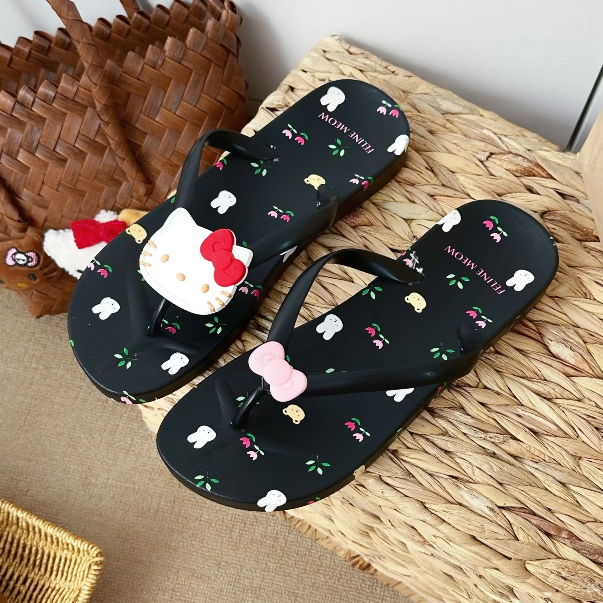 Printed Bow Cat Flip-Flops Women's Summer Sweet Beach Flats — feature 11
