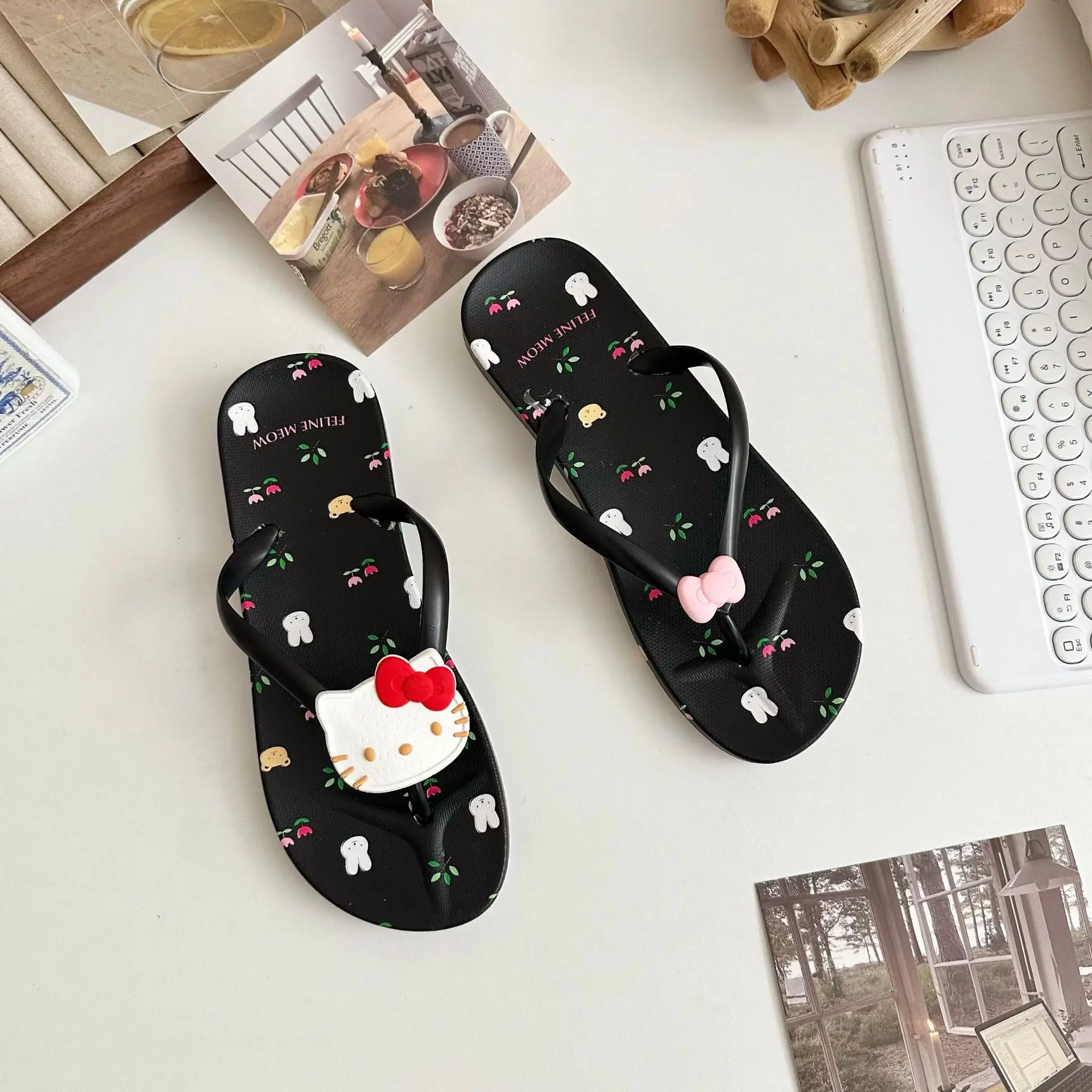 Printed Bow Cat Flip-Flops Women's Summer Sweet Beach Flats — feature 12