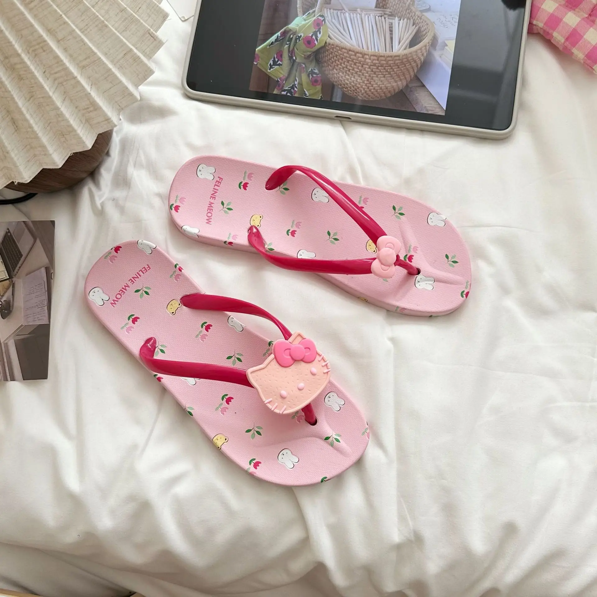 Printed Bow Cat Flip-Flops Women's Summer Sweet Beach Flats — feature 3