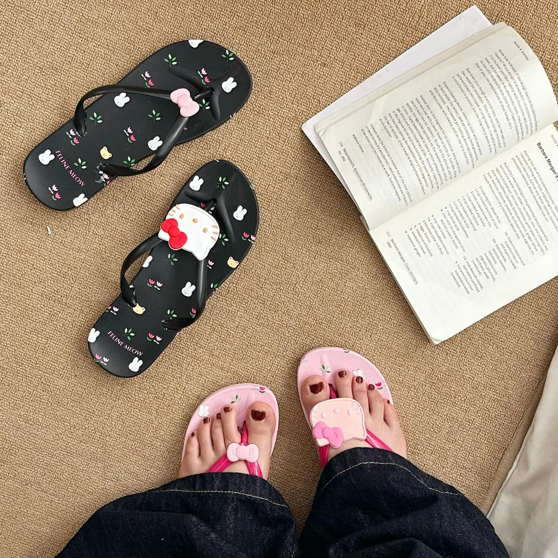 Printed Bow Cat Flip-Flops Women's Summer Sweet Beach Flats — feature 4
