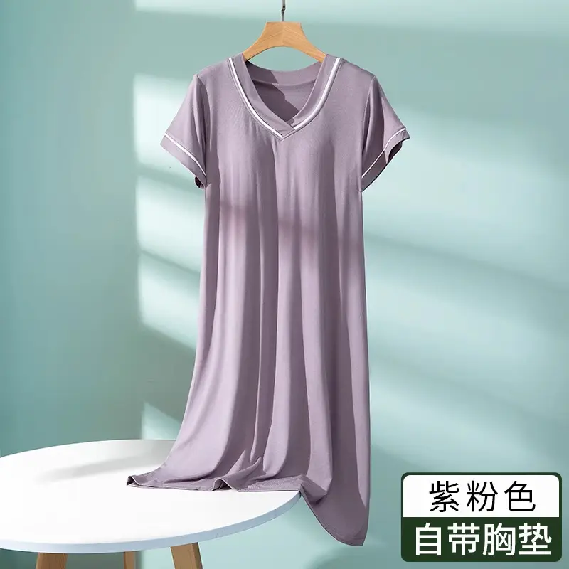 Modal Short-Sleeved Nightgown for Women, Summer Thin Style with Chest Pad, Dress, 2026 New Maternity Pajamas, Loungewear