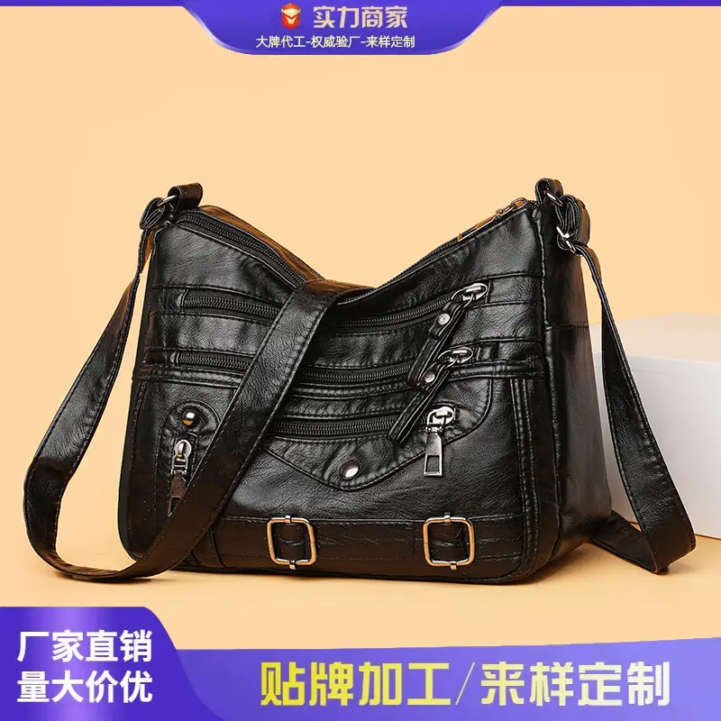 Women Crossbody Bag Black Leather 2025 Elegant Multi-Pocket