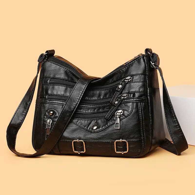 Women Crossbody Bag Black Leather 2025 Elegant Multi-Pocket
