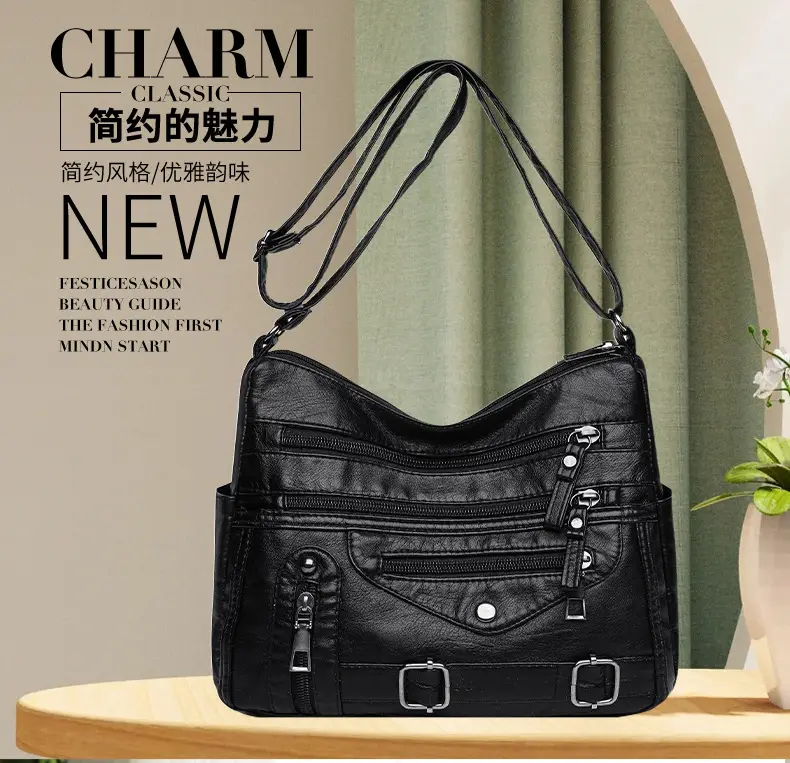 Women Crossbody Bag Black Leather 2025 Elegant Multi-Pocket — feature 3