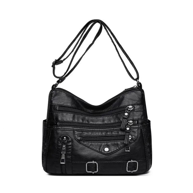 Women Crossbody Bag Black Leather 2025 Elegant Multi-Pocket