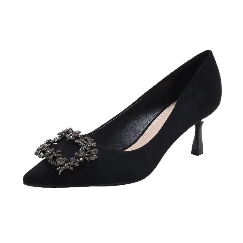 Black High-Heeled Shoes for Women, Stiletto Heels, 2026 New Spring and Autumn Professional Style, Rhinestone Suede, Petite Pointed Toe, Elegant Single Shoes for Women