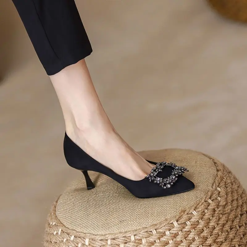 Black High-Heeled Shoes for Women, Stiletto Heels, 2026 New Spring and Autumn Professional Style, Rhinestone Suede, Petite Pointed Toe, Elegant Single Shoes for Women — feature 1