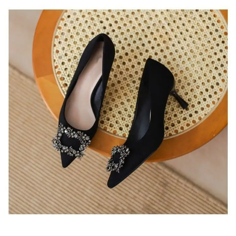 Black High-Heeled Shoes for Women, Stiletto Heels, 2026 New Spring and Autumn Professional Style, Rhinestone Suede, Petite Pointed Toe, Elegant Single Shoes for Women — feature 3
