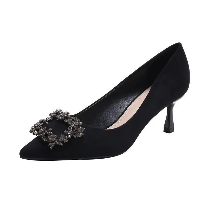 Black High-Heeled Shoes for Women, Stiletto Heels, 2026 New Spring and Autumn Professional Style, Rhinestone Suede, Petite Pointed Toe, Elegant Single Shoes for Women — feature 7