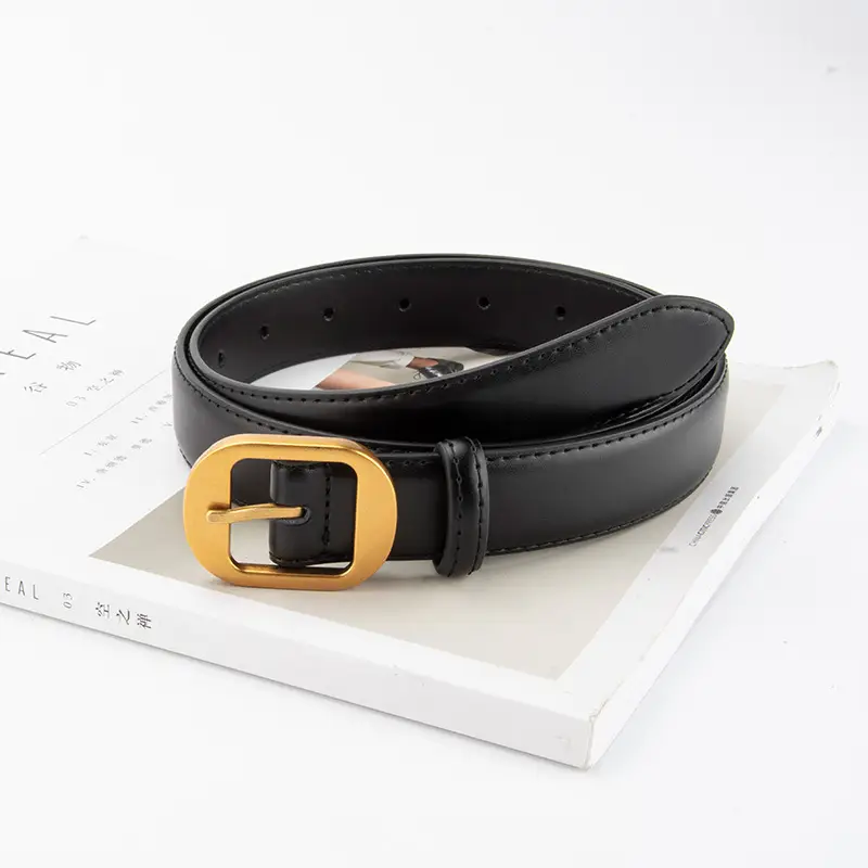 Women's Black Genuine Leather Belt with Gold Buckle - Image 13
