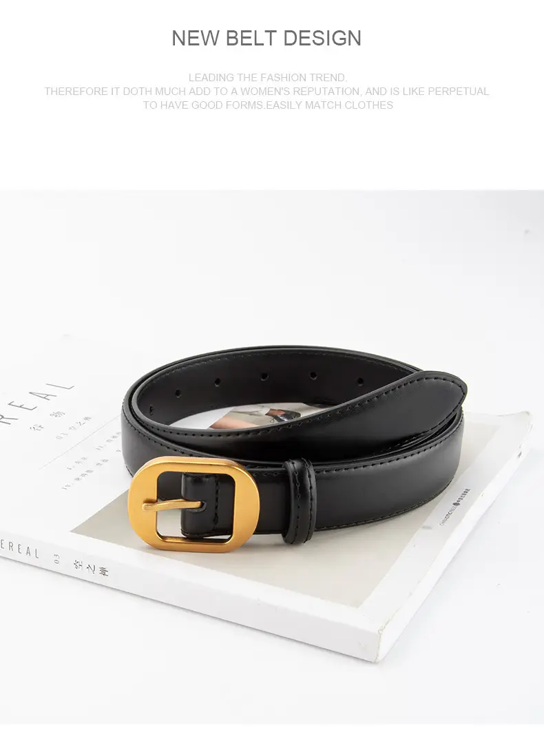 Women's Black Genuine Leather Belt with Gold Buckle — feature 10